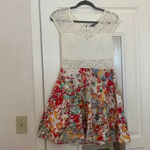 Lace top, floral bottom flare dress. Used but in good condition